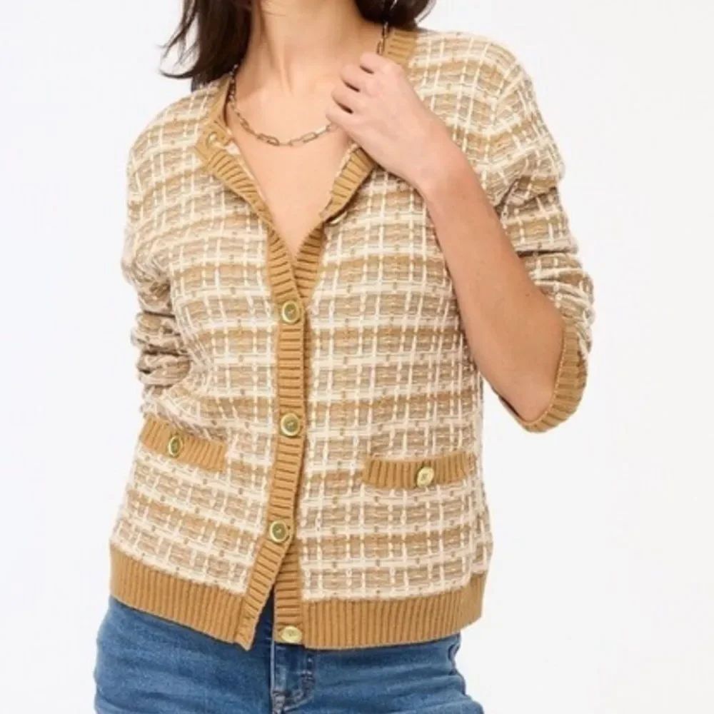 J. Crew heather oatmeal tweedy Lady Cardigan Sweater heather oatmeal tweed combo